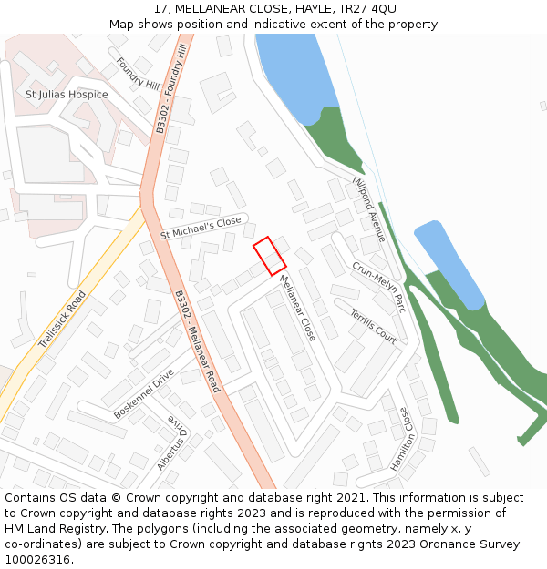 17, MELLANEAR CLOSE, HAYLE, TR27 4QU: Location map and indicative extent of plot