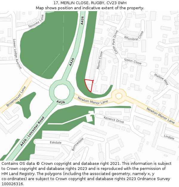 17, MERLIN CLOSE, RUGBY, CV23 0WH: Location map and indicative extent of plot