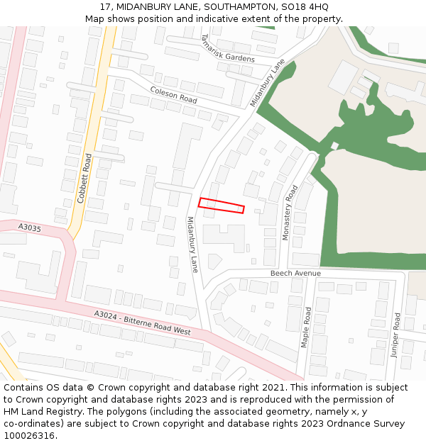 17, MIDANBURY LANE, SOUTHAMPTON, SO18 4HQ: Location map and indicative extent of plot