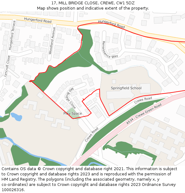 17, MILL BRIDGE CLOSE, CREWE, CW1 5DZ: Location map and indicative extent of plot