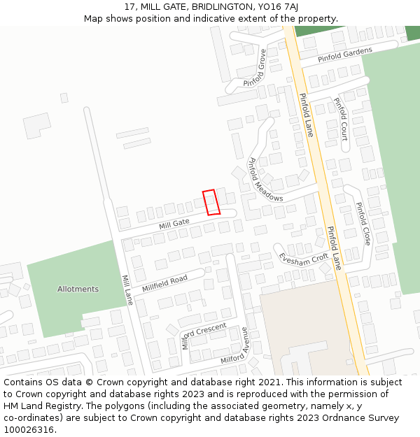 17, MILL GATE, BRIDLINGTON, YO16 7AJ: Location map and indicative extent of plot