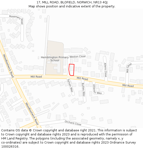 17, MILL ROAD, BLOFIELD, NORWICH, NR13 4QJ: Location map and indicative extent of plot