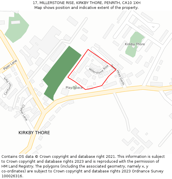 17, MILLERSTONE RISE, KIRKBY THORE, PENRITH, CA10 1XH: Location map and indicative extent of plot