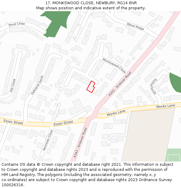 17, MONKSWOOD CLOSE, NEWBURY, RG14 6NR: Location map and indicative extent of plot