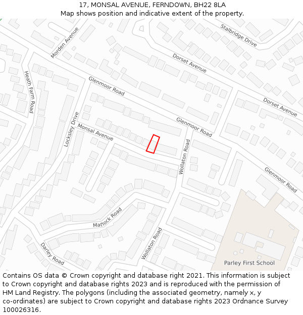 17, MONSAL AVENUE, FERNDOWN, BH22 8LA: Location map and indicative extent of plot