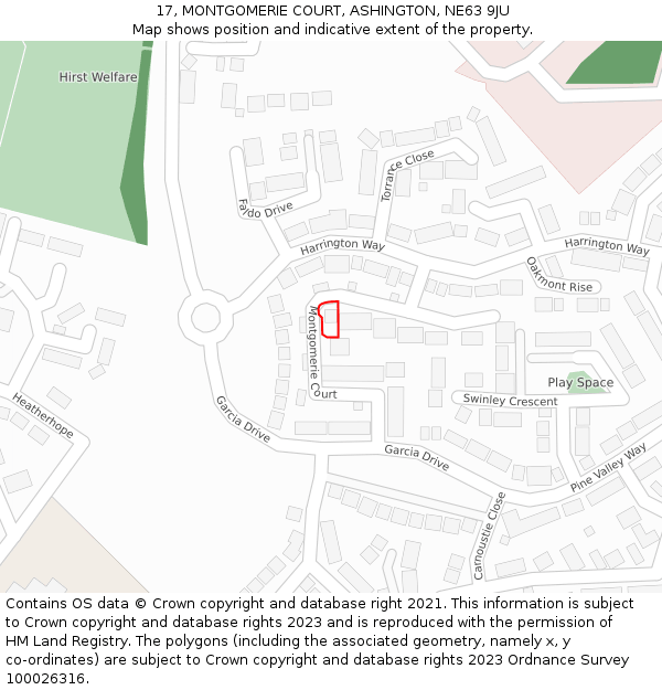 17, MONTGOMERIE COURT, ASHINGTON, NE63 9JU: Location map and indicative extent of plot
