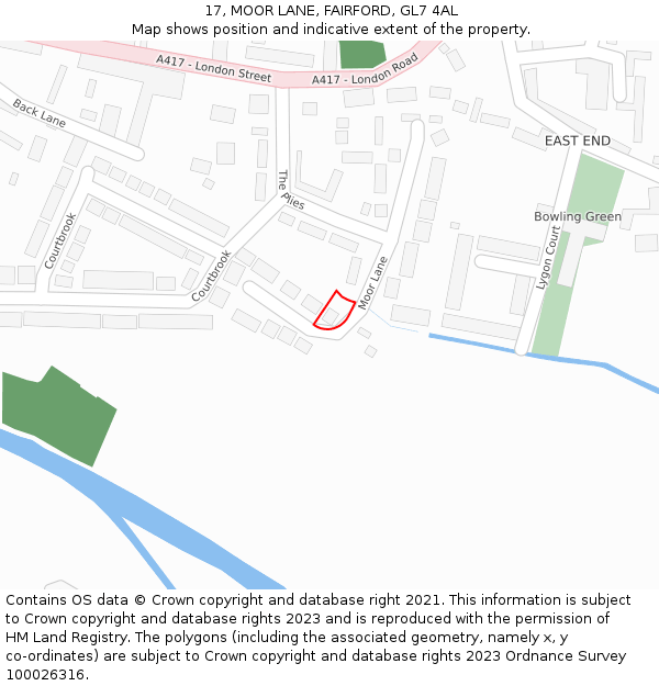 17, MOOR LANE, FAIRFORD, GL7 4AL: Location map and indicative extent of plot