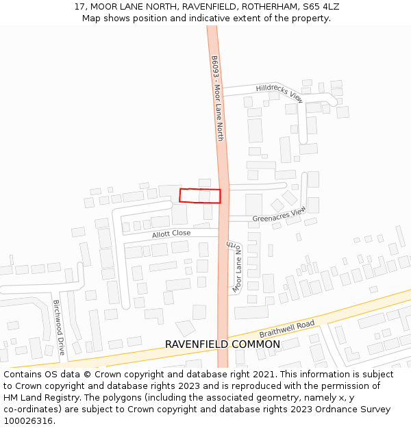 17, MOOR LANE NORTH, RAVENFIELD, ROTHERHAM, S65 4LZ: Location map and indicative extent of plot