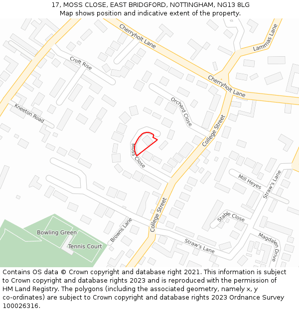 17, MOSS CLOSE, EAST BRIDGFORD, NOTTINGHAM, NG13 8LG: Location map and indicative extent of plot