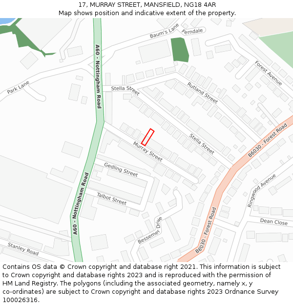 17, MURRAY STREET, MANSFIELD, NG18 4AR: Location map and indicative extent of plot
