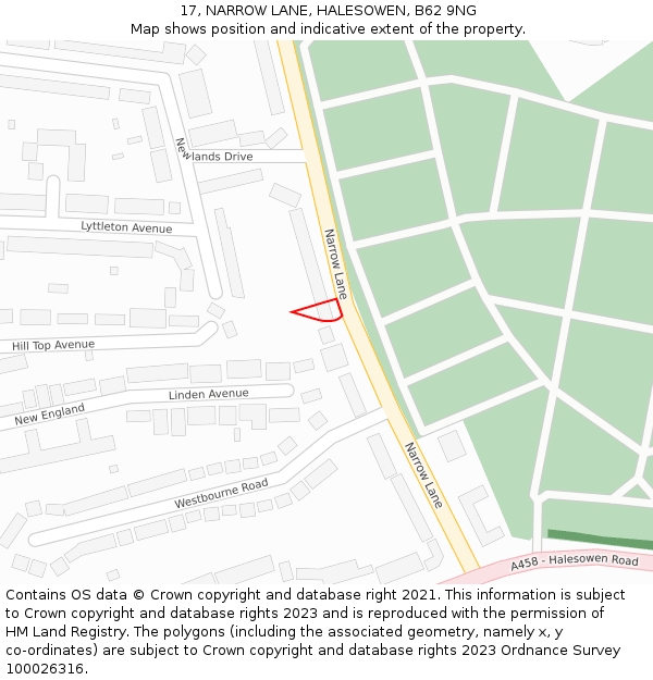 17, NARROW LANE, HALESOWEN, B62 9NG: Location map and indicative extent of plot