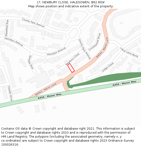 17, NEWBURY CLOSE, HALESOWEN, B62 8SW: Location map and indicative extent of plot