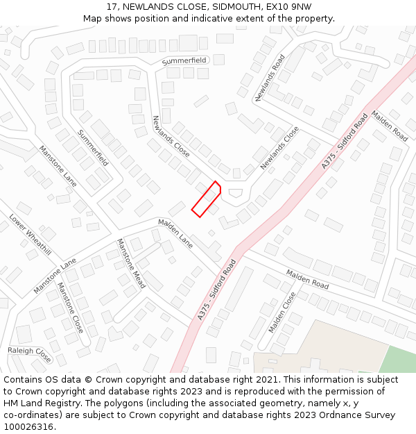 17, NEWLANDS CLOSE, SIDMOUTH, EX10 9NW: Location map and indicative extent of plot