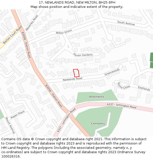 17, NEWLANDS ROAD, NEW MILTON, BH25 6PH: Location map and indicative extent of plot