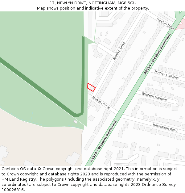 17, NEWLYN DRIVE, NOTTINGHAM, NG8 5GU: Location map and indicative extent of plot