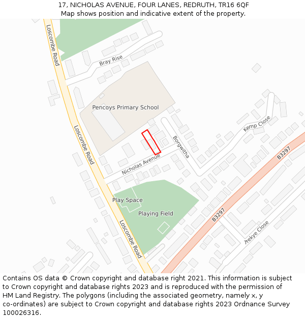 17, NICHOLAS AVENUE, FOUR LANES, REDRUTH, TR16 6QF: Location map and indicative extent of plot