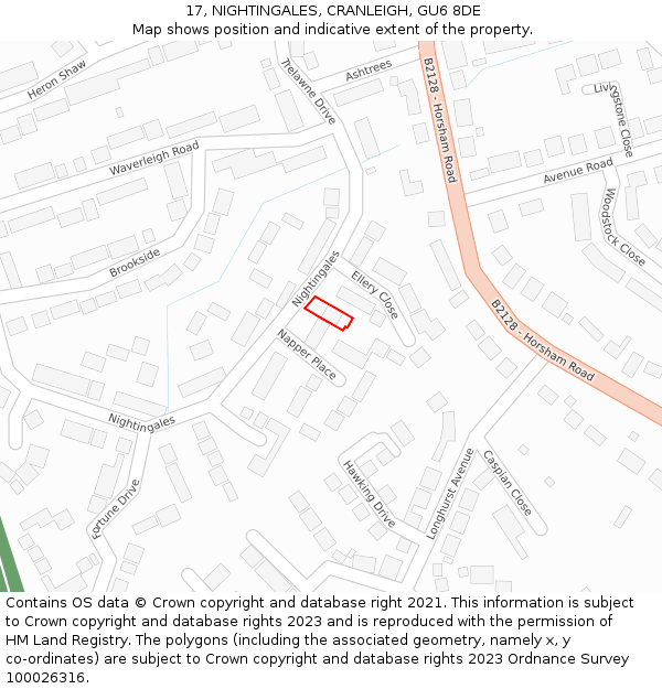 17, NIGHTINGALES, CRANLEIGH, GU6 8DE: Location map and indicative extent of plot