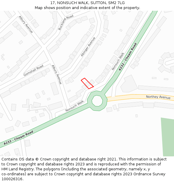 17, NONSUCH WALK, SUTTON, SM2 7LG: Location map and indicative extent of plot