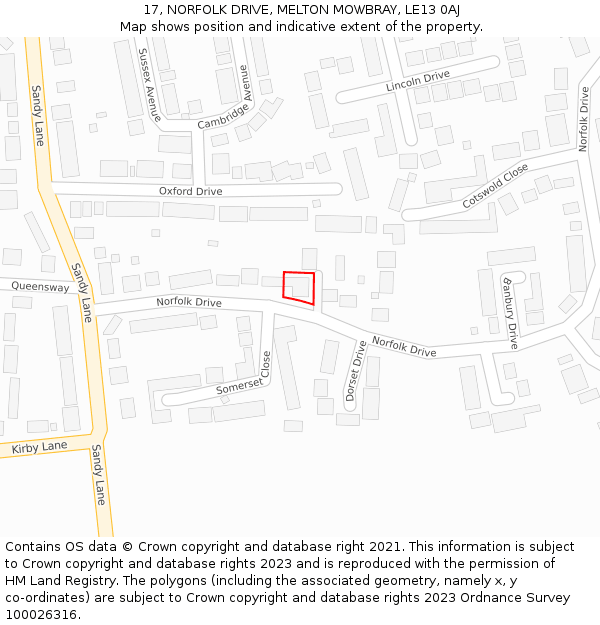 17, NORFOLK DRIVE, MELTON MOWBRAY, LE13 0AJ: Location map and indicative extent of plot