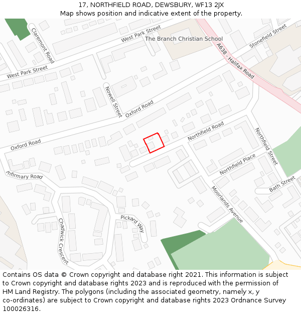 17, NORTHFIELD ROAD, DEWSBURY, WF13 2JX: Location map and indicative extent of plot