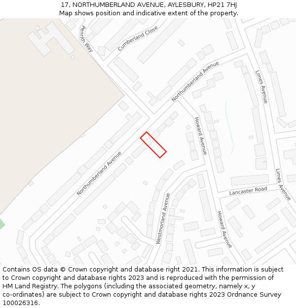 17, NORTHUMBERLAND AVENUE, AYLESBURY, HP21 7HJ: Location map and indicative extent of plot