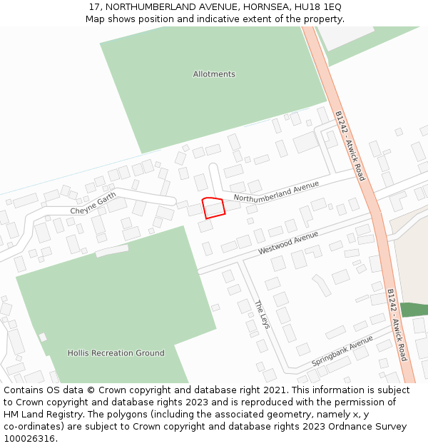 17, NORTHUMBERLAND AVENUE, HORNSEA, HU18 1EQ: Location map and indicative extent of plot