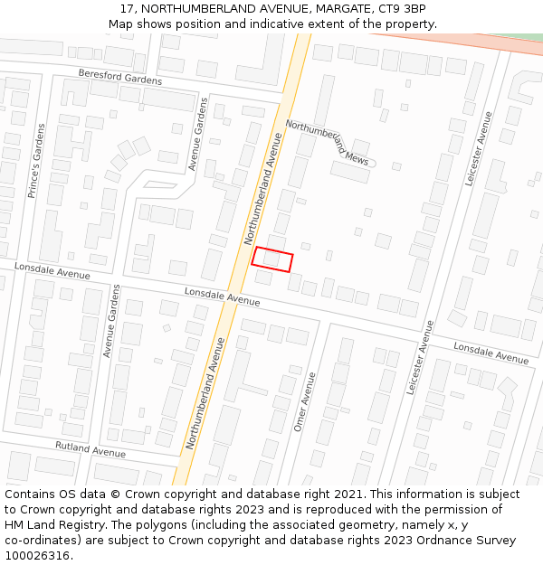 17, NORTHUMBERLAND AVENUE, MARGATE, CT9 3BP: Location map and indicative extent of plot