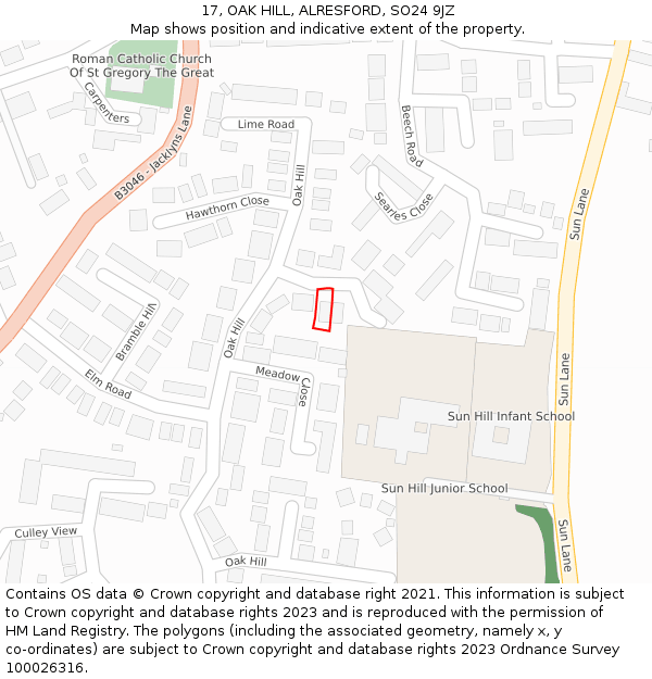 17, OAK HILL, ALRESFORD, SO24 9JZ: Location map and indicative extent of plot