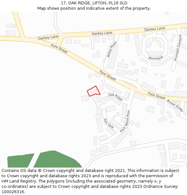 17, OAK RIDGE, LIFTON, PL16 0LD: Location map and indicative extent of plot