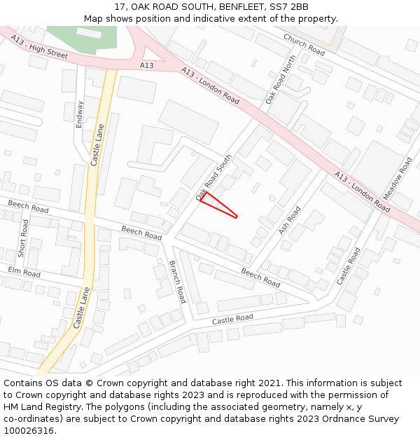 17, OAK ROAD SOUTH, BENFLEET, SS7 2BB: Location map and indicative extent of plot