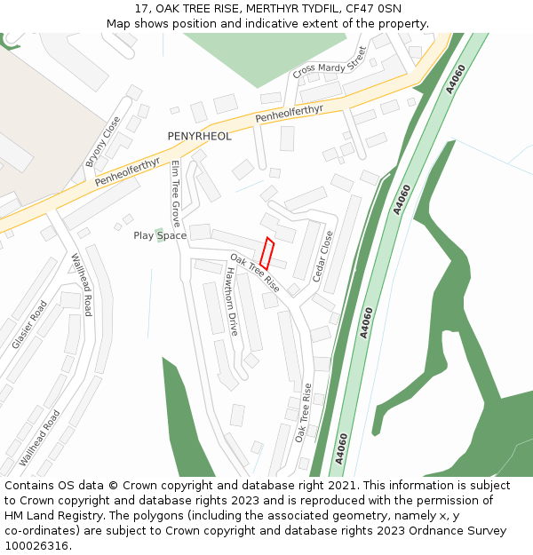 17, OAK TREE RISE, MERTHYR TYDFIL, CF47 0SN: Location map and indicative extent of plot