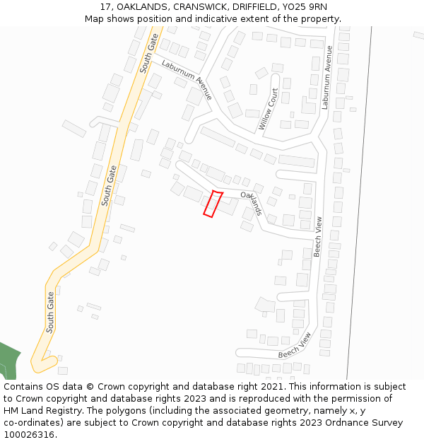 17, OAKLANDS, CRANSWICK, DRIFFIELD, YO25 9RN: Location map and indicative extent of plot