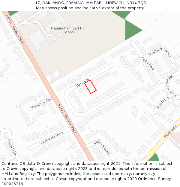 17, OAKLANDS, FRAMINGHAM EARL, NORWICH, NR14 7QS: Location map and indicative extent of plot