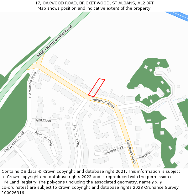 17, OAKWOOD ROAD, BRICKET WOOD, ST ALBANS, AL2 3PT: Location map and indicative extent of plot