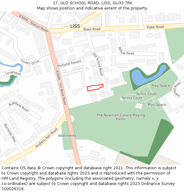 17, OLD SCHOOL ROAD, LISS, GU33 7RX: Location map and indicative extent of plot