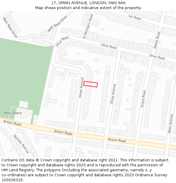17, OMAN AVENUE, LONDON, NW2 6AX: Location map and indicative extent of plot