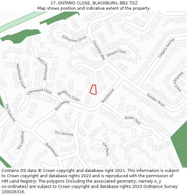 17, ONTARIO CLOSE, BLACKBURN, BB2 7DZ: Location map and indicative extent of plot