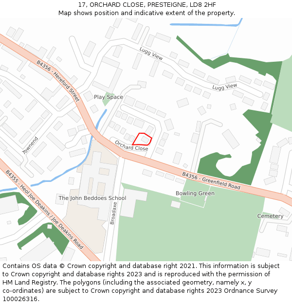 17, ORCHARD CLOSE, PRESTEIGNE, LD8 2HF: Location map and indicative extent of plot