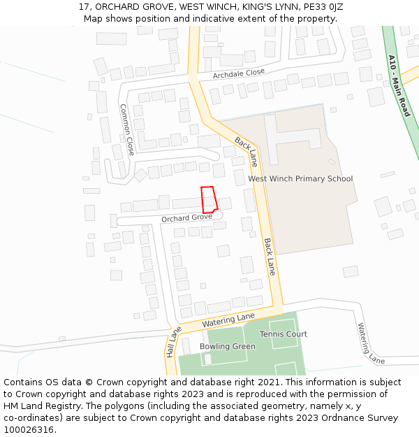 17, ORCHARD GROVE, WEST WINCH, KING'S LYNN, PE33 0JZ: Location map and indicative extent of plot