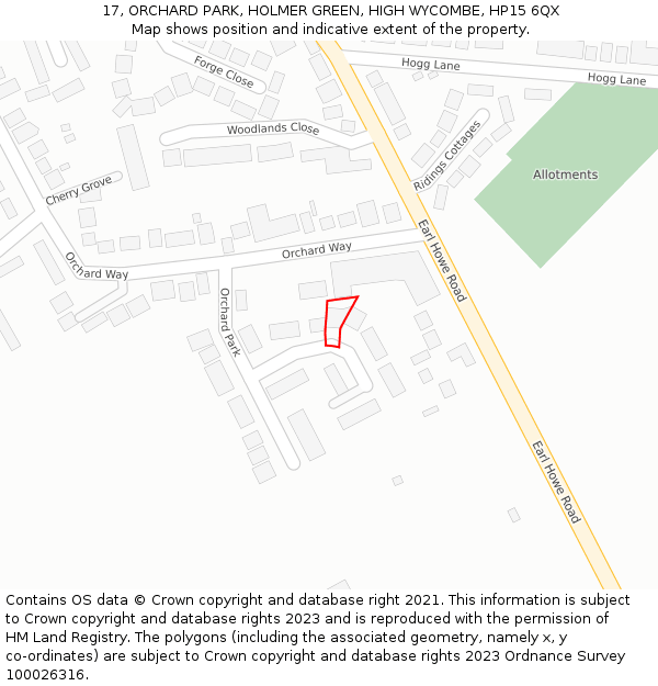 17, ORCHARD PARK, HOLMER GREEN, HIGH WYCOMBE, HP15 6QX: Location map and indicative extent of plot