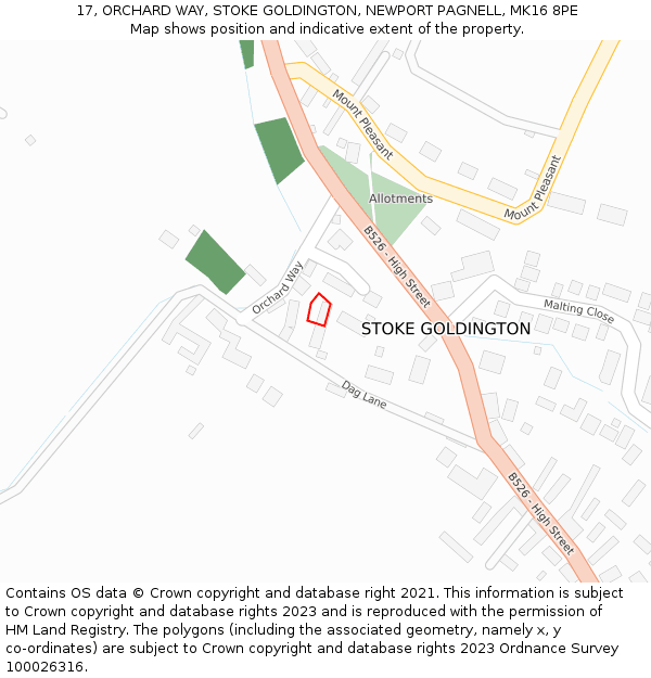 17, ORCHARD WAY, STOKE GOLDINGTON, NEWPORT PAGNELL, MK16 8PE: Location map and indicative extent of plot