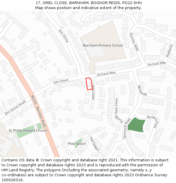 17, ORIEL CLOSE, BARNHAM, BOGNOR REGIS, PO22 0HN: Location map and indicative extent of plot