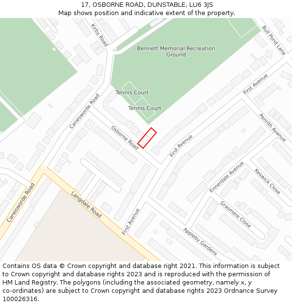 17, OSBORNE ROAD, DUNSTABLE, LU6 3JS: Location map and indicative extent of plot