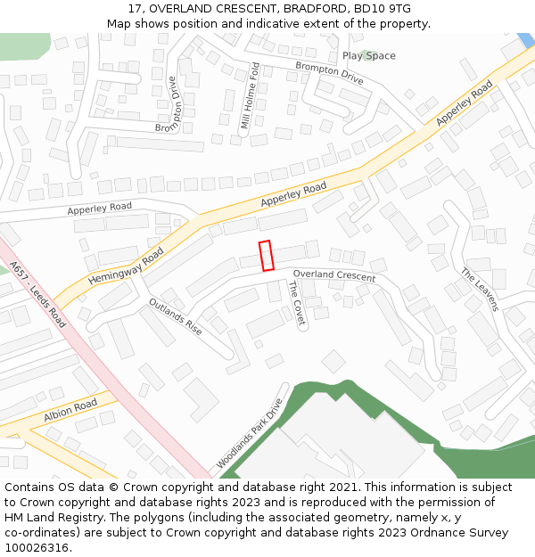 17, OVERLAND CRESCENT, BRADFORD, BD10 9TG: Location map and indicative extent of plot