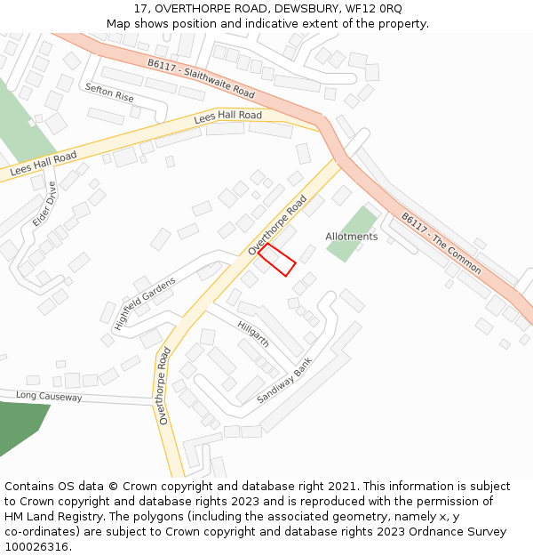 17, OVERTHORPE ROAD, DEWSBURY, WF12 0RQ: Location map and indicative extent of plot