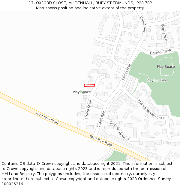 17, OXFORD CLOSE, MILDENHALL, BURY ST EDMUNDS, IP28 7RP: Location map and indicative extent of plot