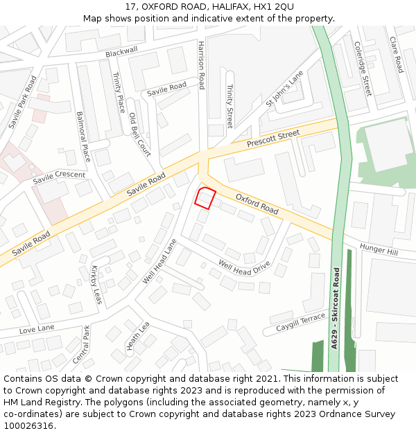 17, OXFORD ROAD, HALIFAX, HX1 2QU: Location map and indicative extent of plot
