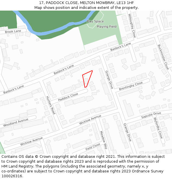 17, PADDOCK CLOSE, MELTON MOWBRAY, LE13 1HF: Location map and indicative extent of plot
