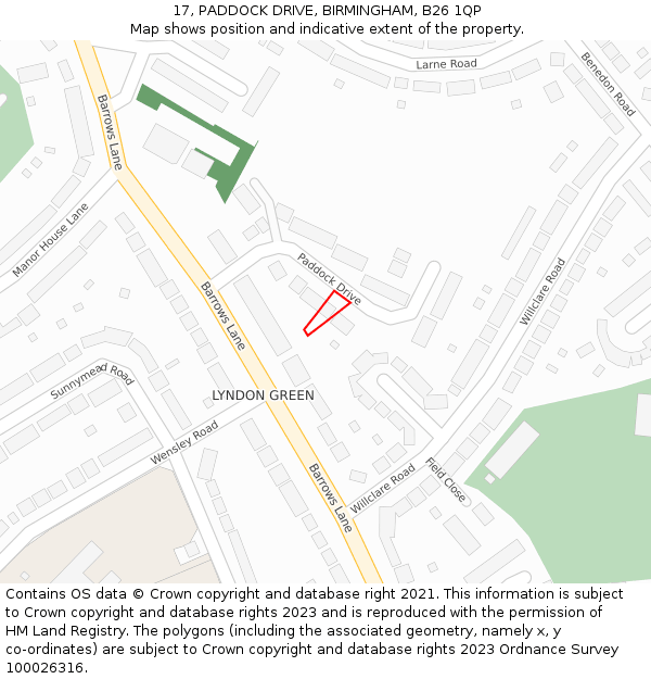 17, PADDOCK DRIVE, BIRMINGHAM, B26 1QP: Location map and indicative extent of plot