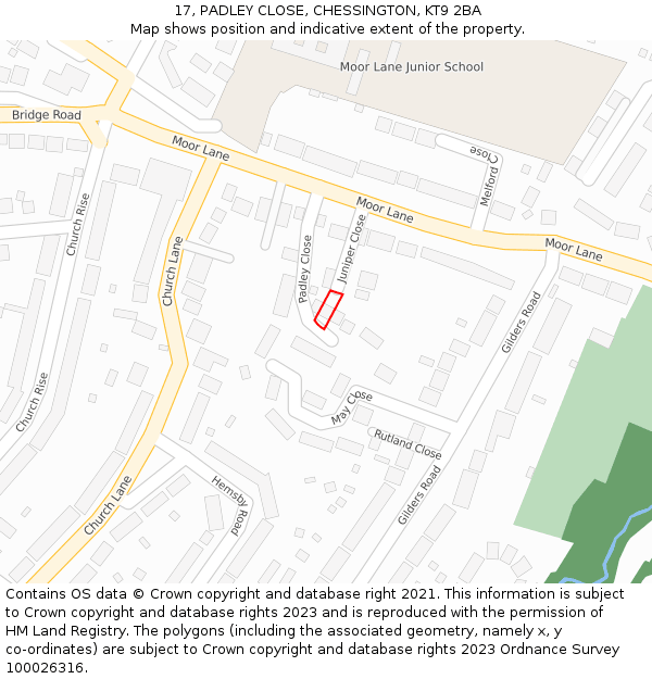 17, PADLEY CLOSE, CHESSINGTON, KT9 2BA: Location map and indicative extent of plot
